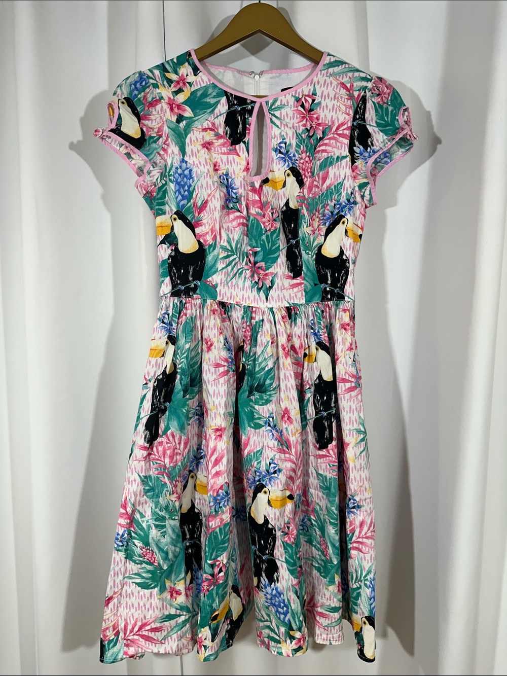 Hell Bunny Toucan Tropical Fit & Flare Dress XS Pink Jungle Cotton Rockabilly